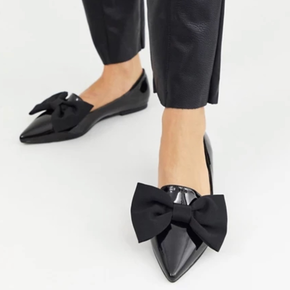 ASOS Black Bow Pointed Ballet Flats, Size 6.5
